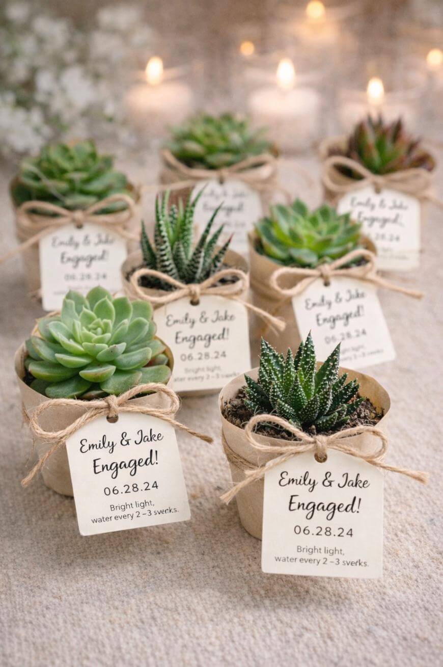 Small potted succulents with twine bows and tags reading “Emily & Jake Engaged! 06.28.24. Bright light, water every 2-3 weeks.” Candles and blurred flowers are visible in the background.