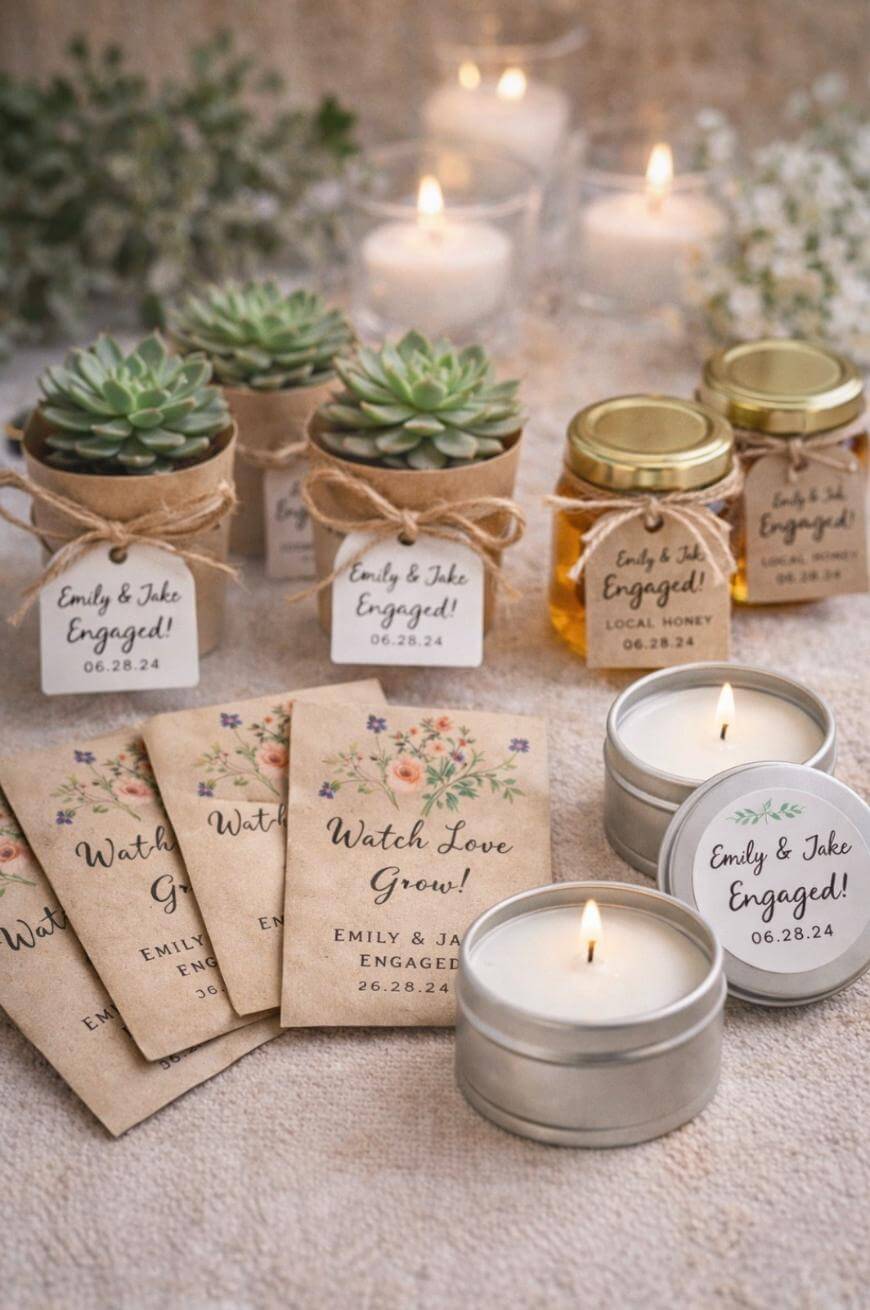 A rustic engagement party favor display features potted succulents, honey jars, floral seed packets, and candles, each labeled with Emily & Jake Engaged! 06.28.24, surrounded by soft candlelight and flowers.
