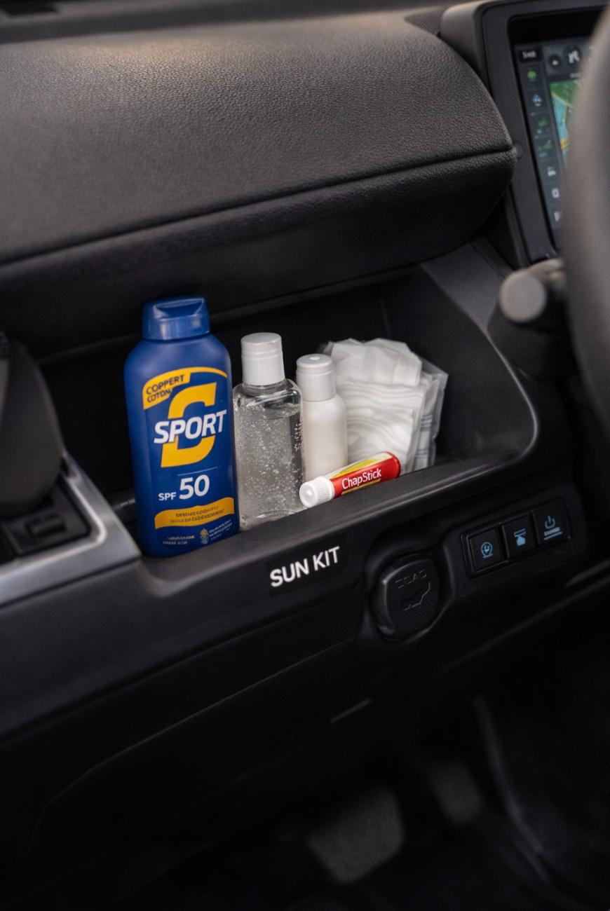 A car compartment labeled SUN KIT contains sunscreen, hand sanitizer, a small spray bottle, packaged wipes, and a tube of ChapStick.