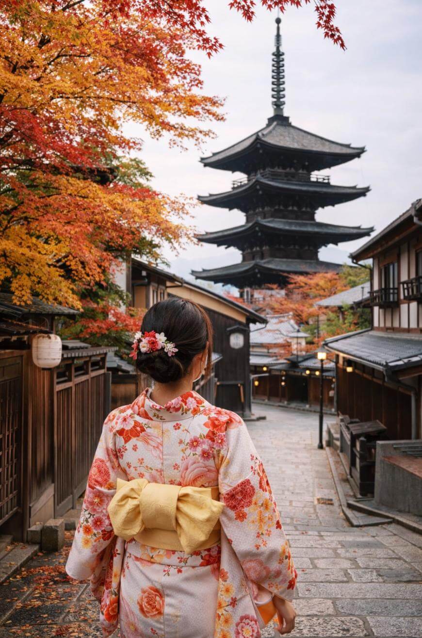 A woman in a floral kimono with a yellow obi stands on a stone path lined with traditional wooden buildings, facing a tall pagoda surrounded by autumn-colored trees.