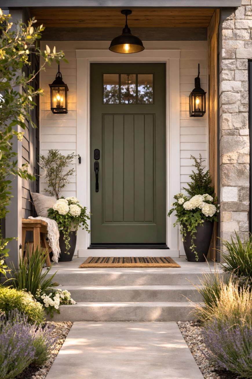 A green front door with a small window, framed by two black lanterns and potted plants, opens onto a porch with a wooden bench, a striped doormat, and neatly landscaped stone steps surrounded by flowers and shrubs.
