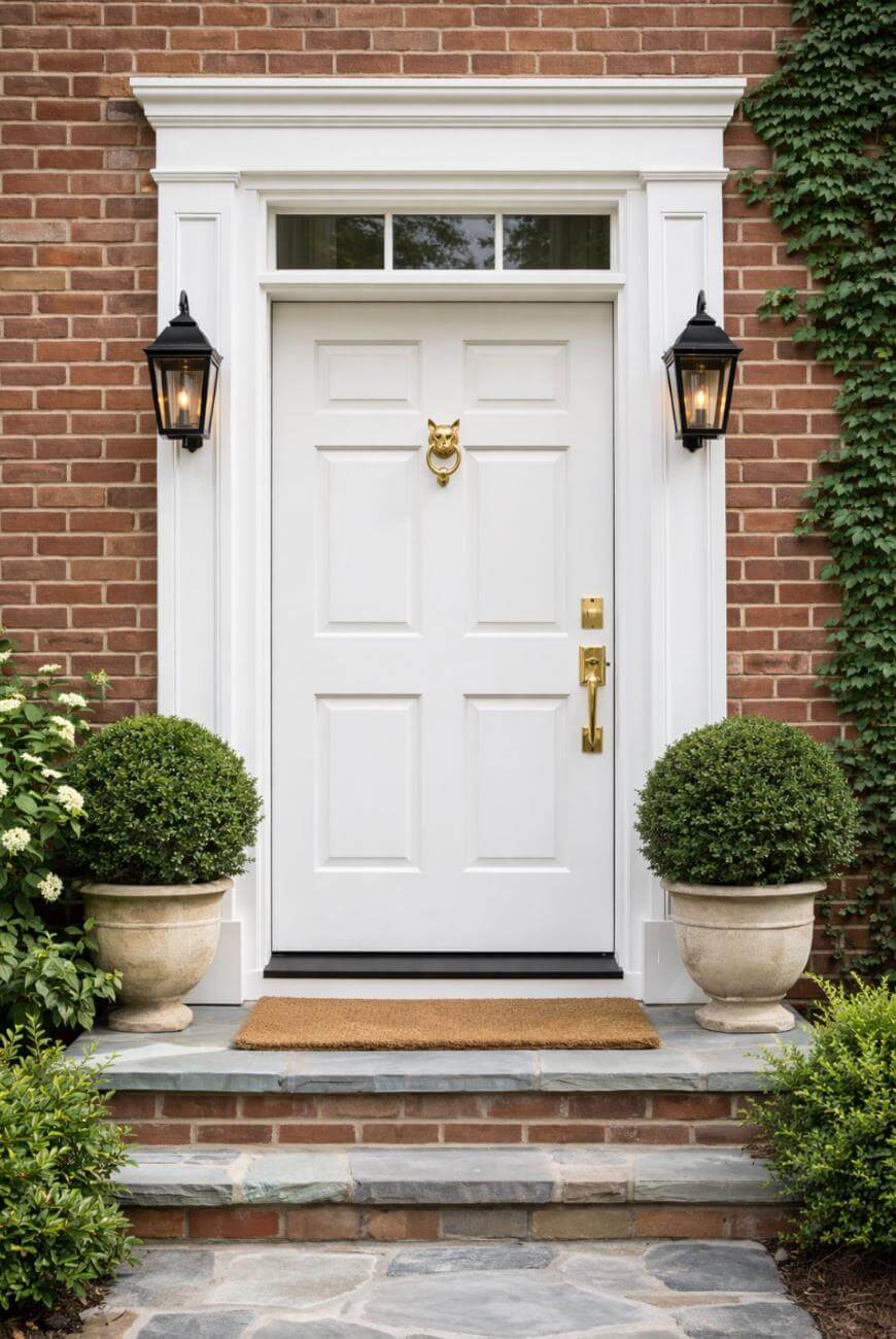 A white front door with gold hardware is centered in a red brick wall, flanked by two black lanterns and two potted round shrubs on stone steps. Green ivy grows on the right side of the wall.