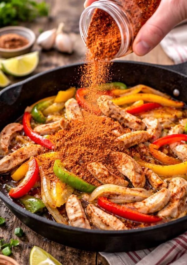 A hand sprinkles seasoning over a skillet filled with cooked chicken strips, red and yellow bell peppers, green bell peppers, and onions. Fresh lime wedges and green onions are visible nearby on a rustic wooden surface.