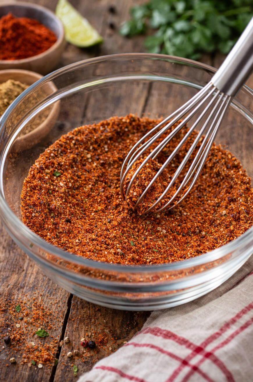 A metal whisk stirs a bowl of reddish-brown spice mix on a rustic wooden table, with a towel, fresh herbs, and lime wedges in the background.