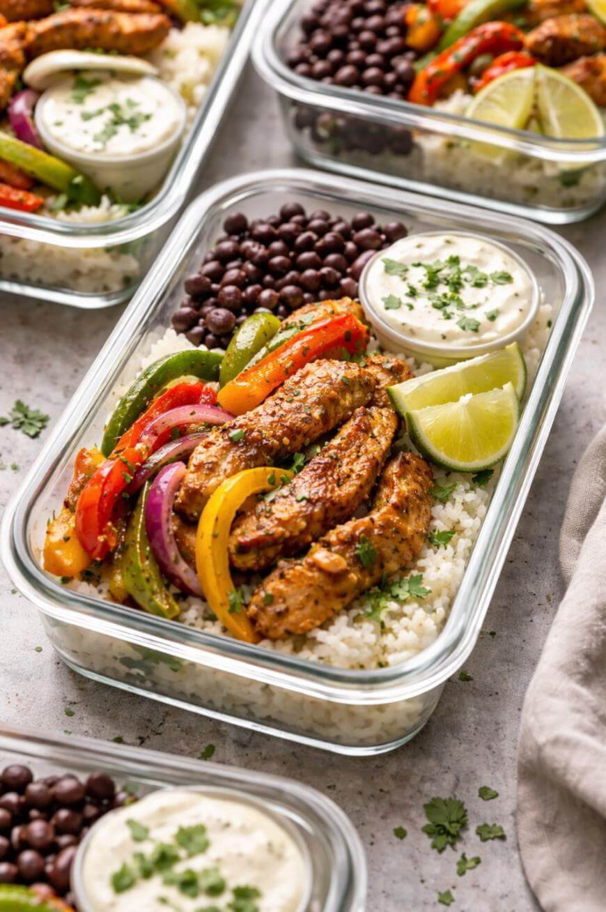 A glass meal prep container filled with seasoned chicken strips, colorful sautéed bell peppers, black beans, rice, a small container of creamy sauce, lime wedges, and garnished with chopped cilantro.