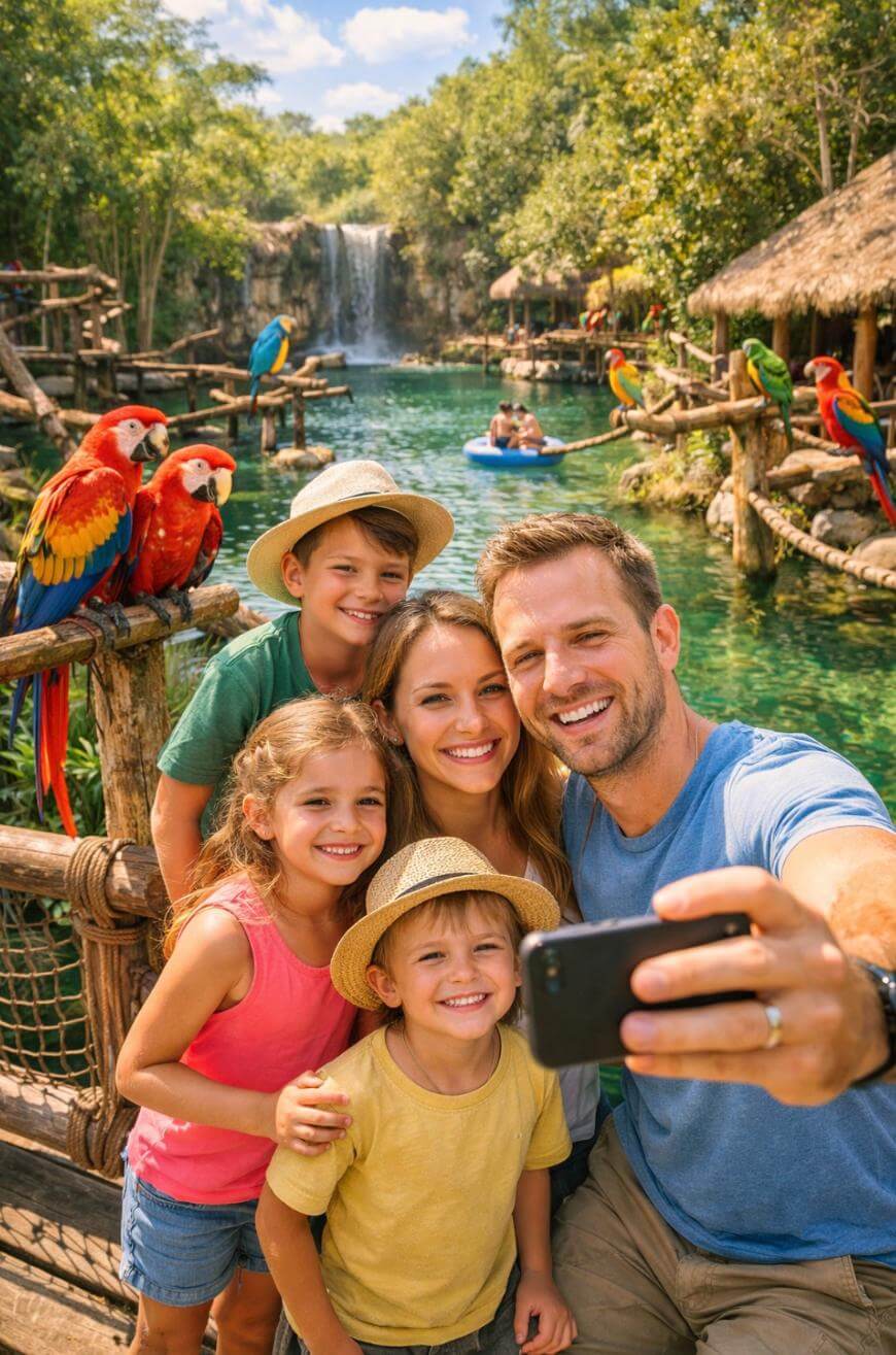 A smiling family of five takes a selfie near colorful parrots, with a lush green landscape, a clear lagoon, and a waterfall in the background. The children and adults wear casual clothes and sun hats.