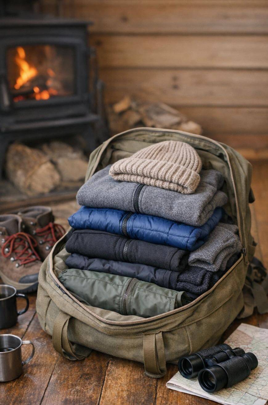 A packed backpack sits on a wooden floor near a fireplace, with folded jackets, sweaters, a knit hat, boots, mugs, a map, and binoculars, creating a cozy and adventurous campsite scene.
