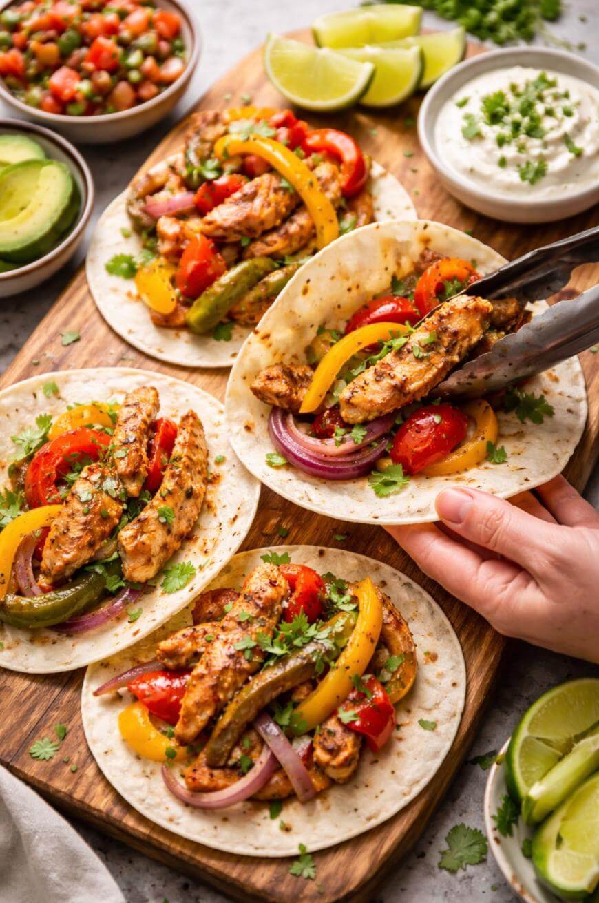 Four chicken fajita tacos with grilled chicken, bell peppers, onions, and cilantro on small tortillas are served on a wooden board. Bowls of salsa, avocado, lime wedges, and sour cream are in the background. A hand holds tongs.