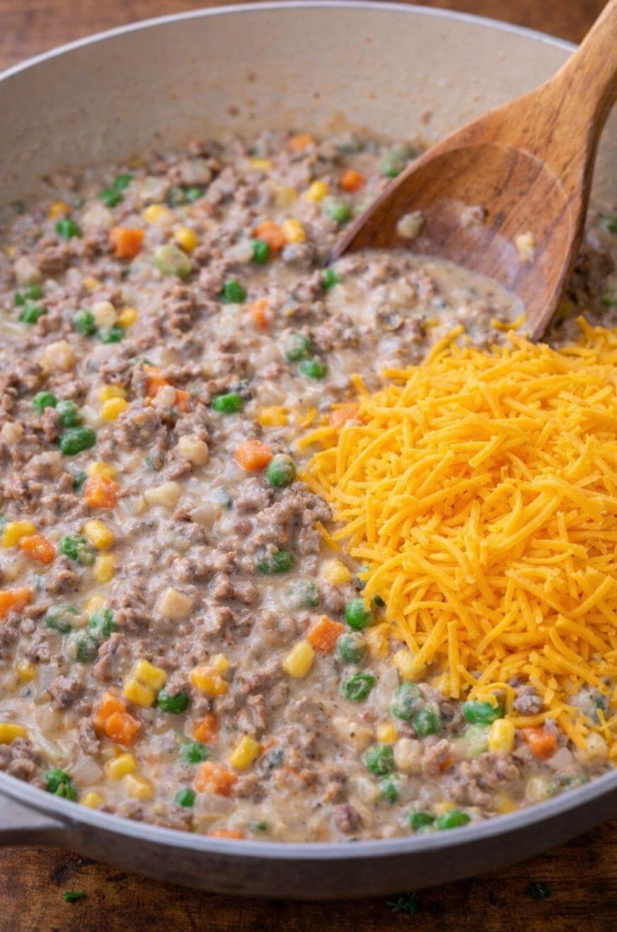 A skillet filled with a creamy mixture of ground beef, peas, carrots, and corn, with a pile of shredded cheddar cheese on top and a wooden spoon resting in the pan.