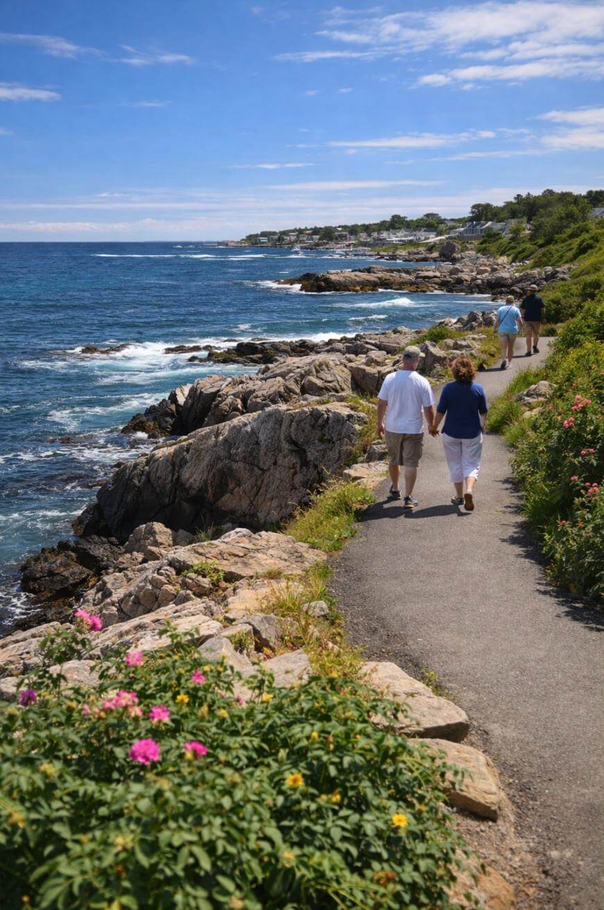 Two people hold hands while walking along a paved coastal path lined with rocks, flowers, and greenery. The ocean waves crash nearby under a partly cloudy sky, with a distant shoreline and more walkers ahead.