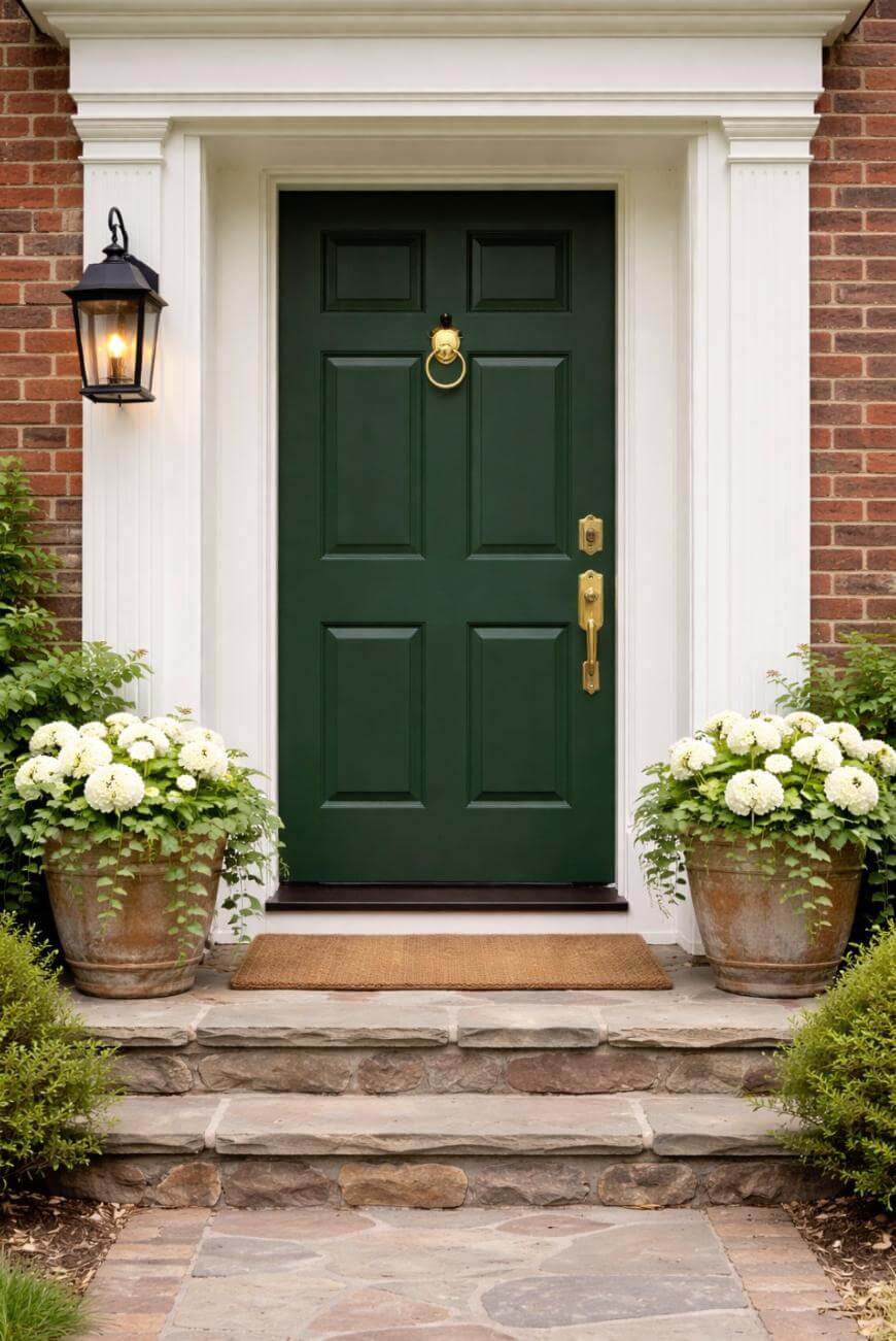 A green front door with a brass knocker and handle, framed by white trim on a brick house. Two large pots with white flowers sit on either side, with a doormat and lantern-style light by the door.
