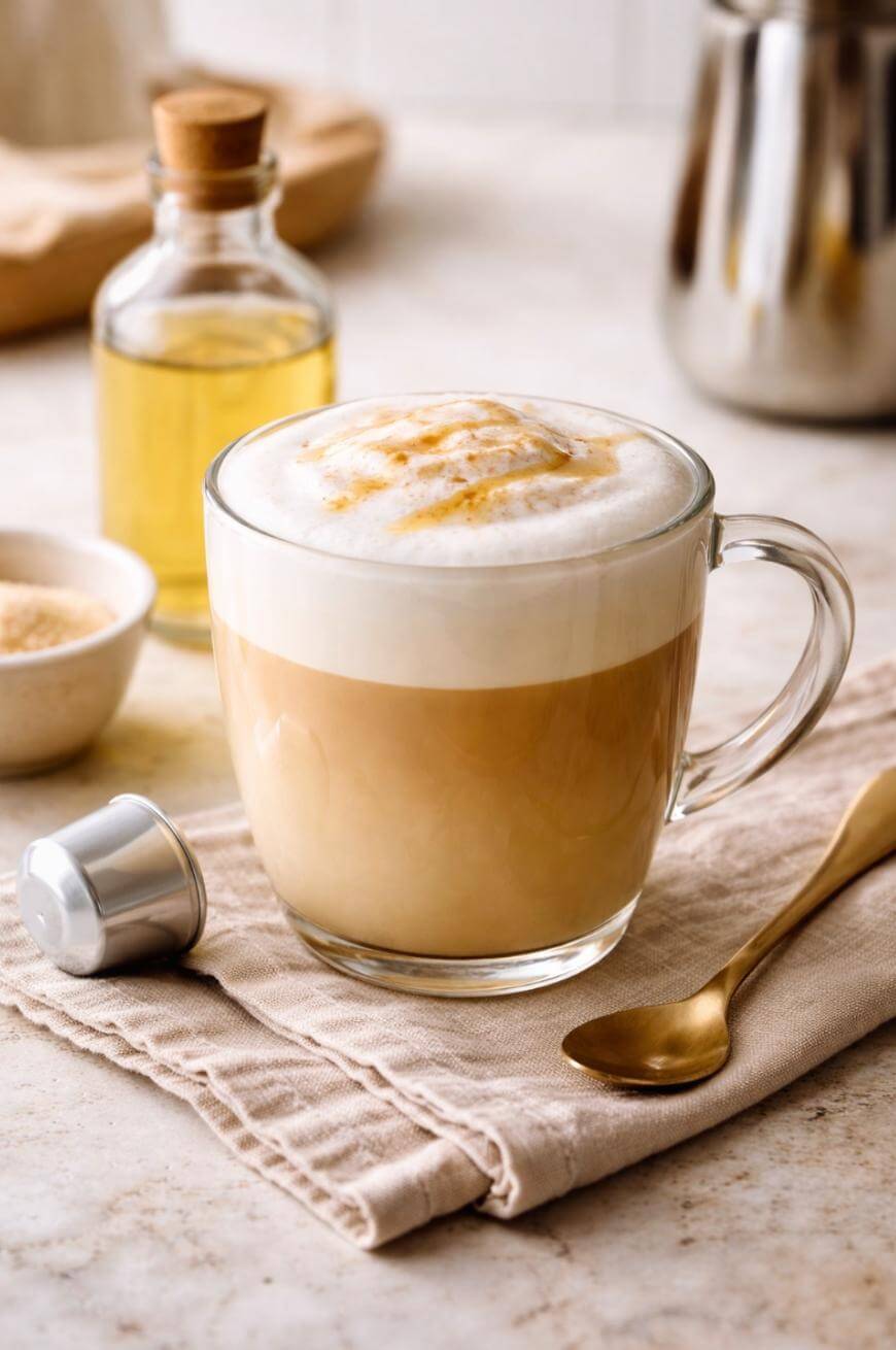 A glass mug of frothy caramel latte sits on a beige napkin with a gold spoon, a small bottle of syrup, a bowl of sugar, and a coffee capsule nearby on a light countertop.