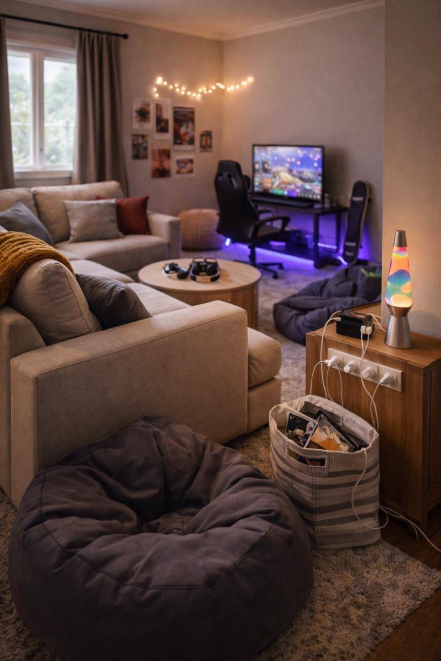 Cozy living room with a sofa, bean bags, a round coffee table, a gaming setup with dual monitors, string lights, posters on the wall, a lava lamp, and a basket filled with electronics on a carpeted floor.