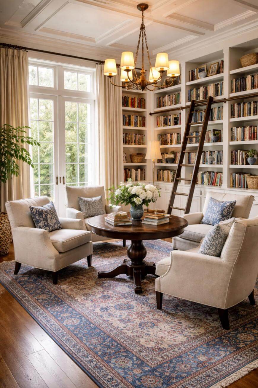 Cozy library with four beige armchairs around a round wooden table, a vase of flowers on top, tall bookshelves with a ladder, large windows with curtains, and a patterned rug on hardwood floors.