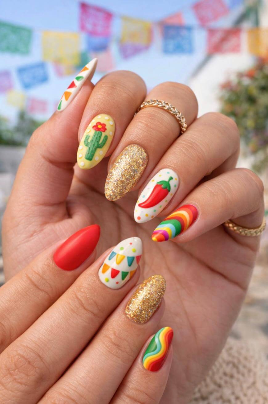 A hand with long, colorful, festive nail art featuring a cactus, chili pepper, rainbow patterns, colorful dots, gold glitter, and triangle bunting designs. Bright papel picado banners are blurred in the background.