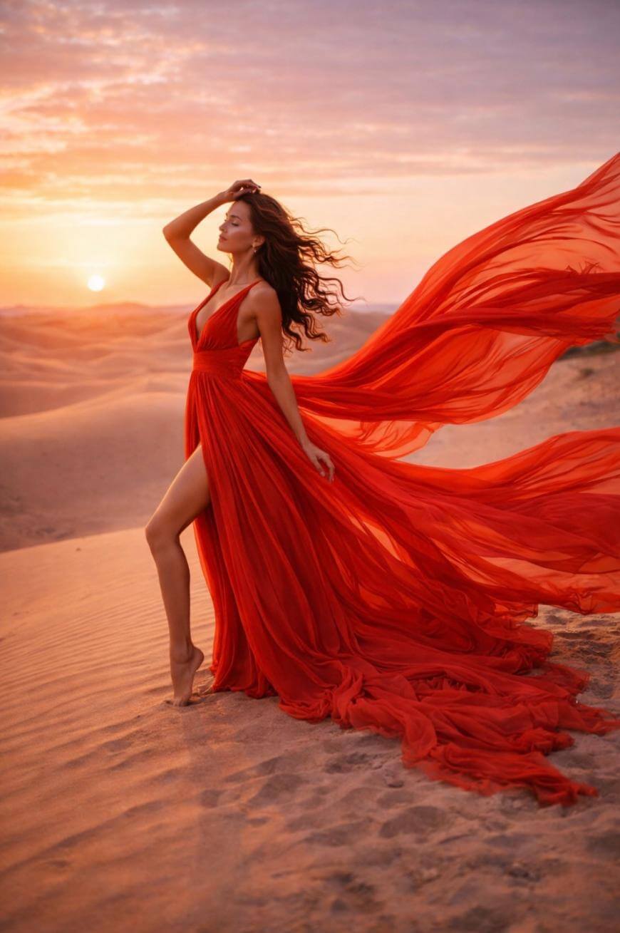 A woman in a flowing, bright red dress stands barefoot on sandy dunes at sunset. Her dress billows dramatically in the wind, and she poses gracefully with one hand on her head under a colorful sky.