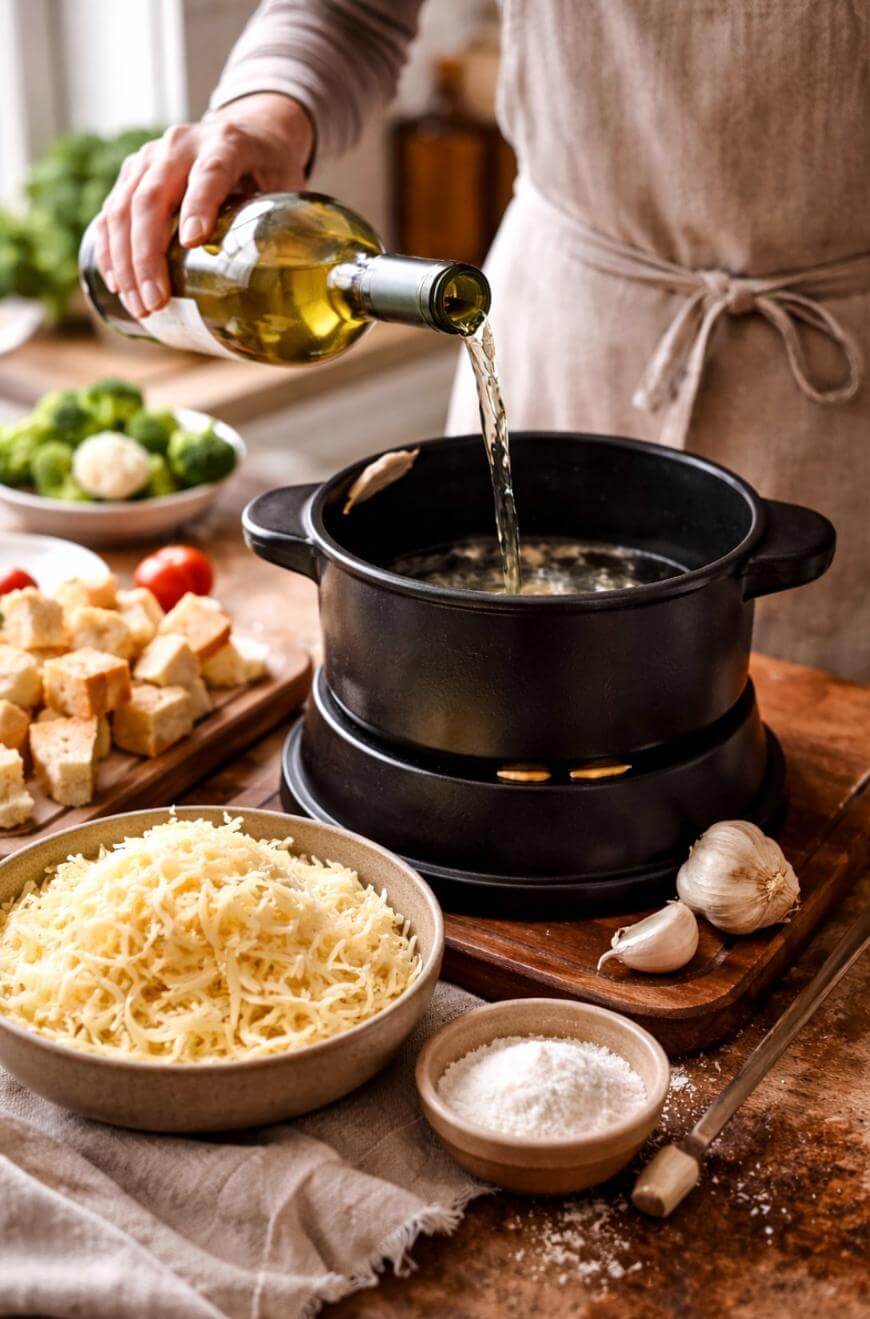 A person pours white wine into a black pot on a wooden table, surrounded by grated cheese, cubed bread, garlic, and a bowl of shredded cheese, preparing ingredients for fondue.