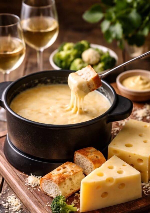 A pot of creamy cheese fondue with a fork dipping bread, surrounded by cubes of Swiss cheese, bread pieces, broccoli, and two glasses of white wine on a rustic wooden table.