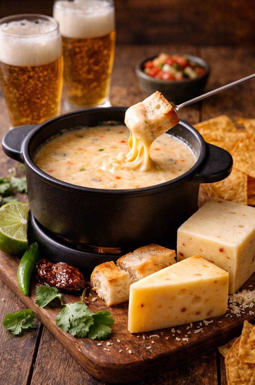A pot of melted cheese fondue with a bread cube being dipped, surrounded by cheese blocks, bread, cilantro, limes, tortilla chips, peppers, and two glasses of beer on a rustic wooden table.