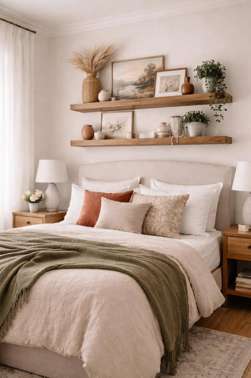 A cozy bedroom with a neutral palette features a bed with multiple pillows, a green throw blanket, wooden nightstands, and floating shelves decorated with framed art, vases, and potted plants above the headboard.