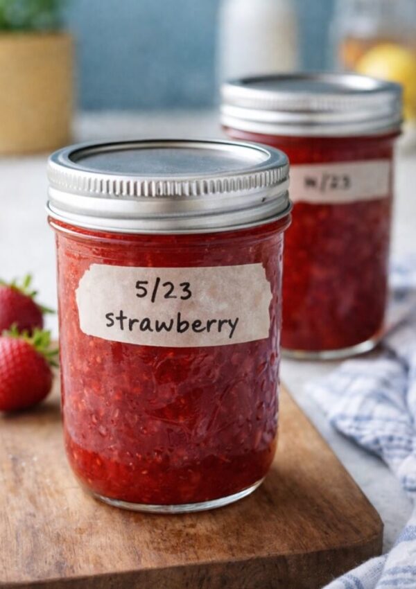 A glass jar filled with strawberry jam, labeled 5/23 strawberry, sits on a wooden surface beside fresh strawberries. Another jar is in the background, along with a towel and some blurred kitchen items.