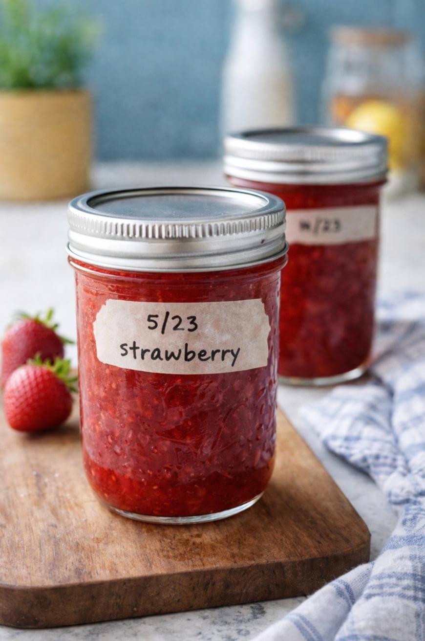 A glass jar of homemade strawberry jam labeled 5/23 strawberry sits on a wooden board with fresh strawberries nearby. Another jar is in the background, along with a blue towel.