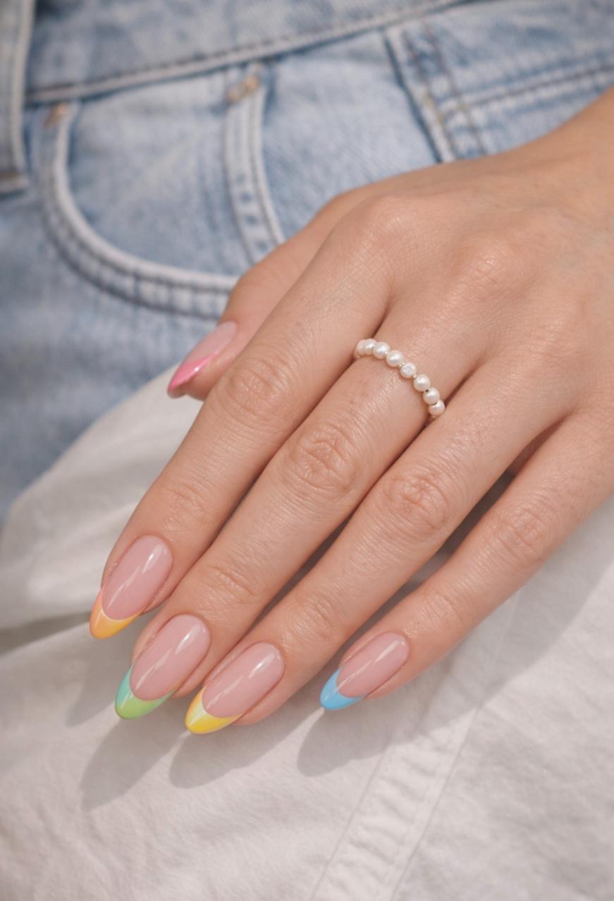 A hand with almond-shaped nails featuring pastel-colored French tips in pink, yellow, green, and blue. The person is wearing a pearl ring and blue denim jeans are visible in the background.