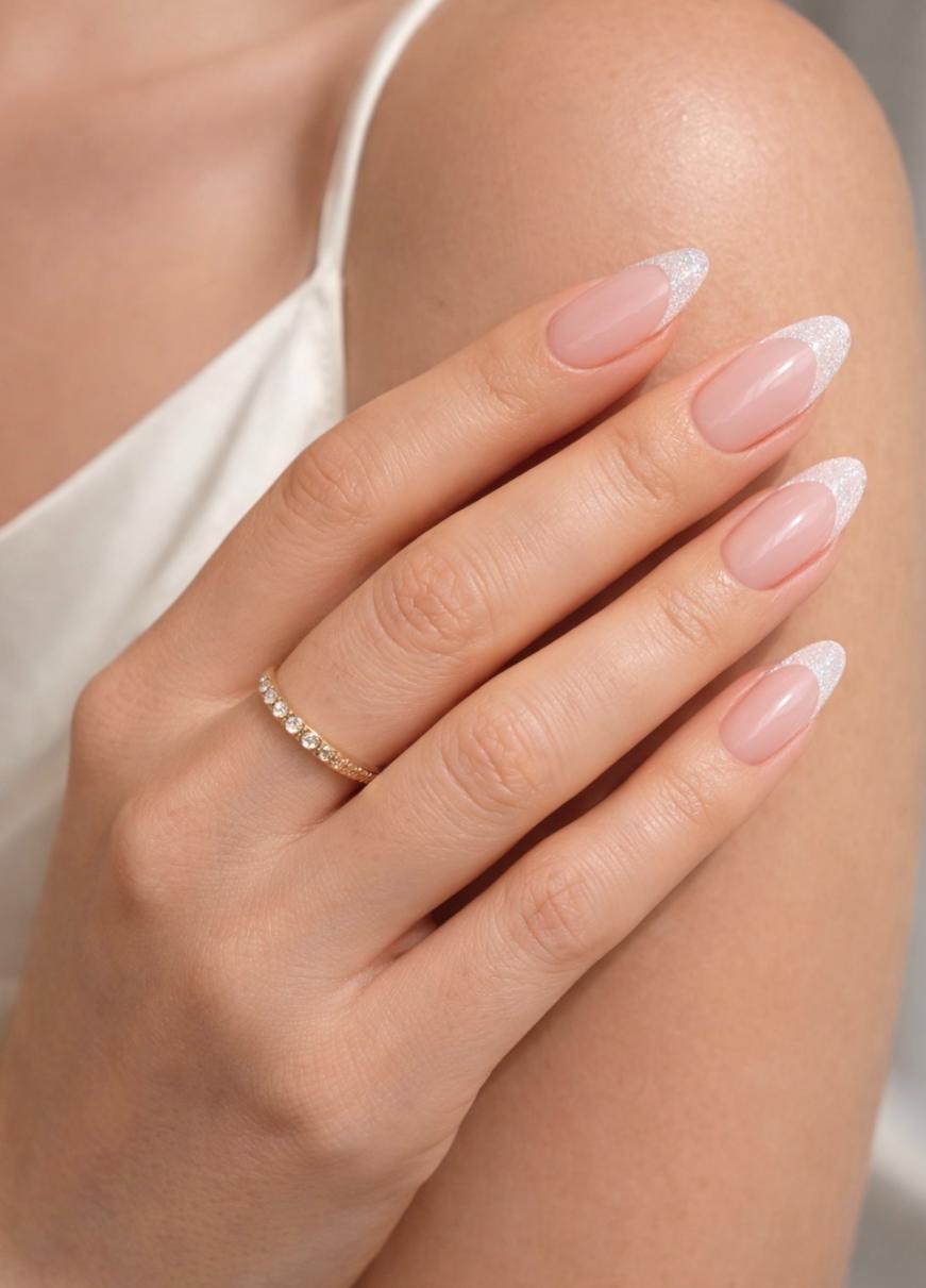 A hand with long, almond-shaped nails painted in a nude pink shade with glittery white tips rests on a shoulder. The person is wearing a delicate gold ring with small diamonds.