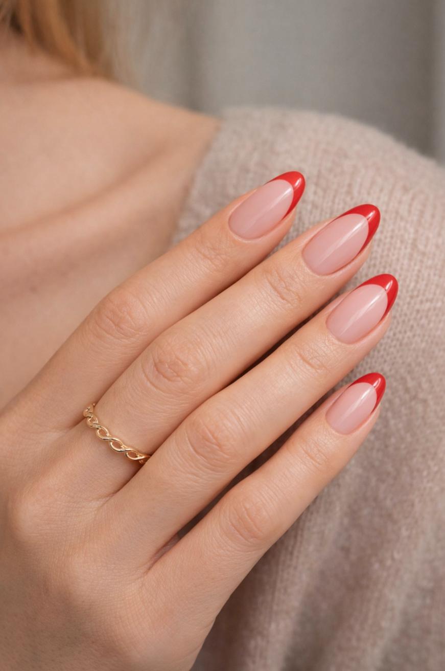A hand with almond-shaped nails featuring a nude base and red French tips. The person wears a delicate gold ring with an infinity design, and is dressed in a soft, light-colored sweater.