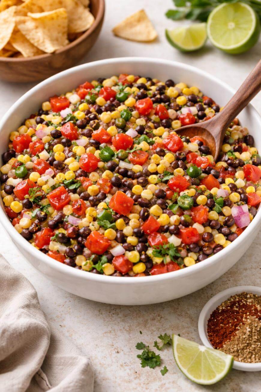 A bowl of colorful black bean salad with corn, tomatoes, onions, and herbs, mixed with a wooden spoon. Surrounding the bowl are tortilla chips, lime wedges, a spice blend, and fresh cilantro.
