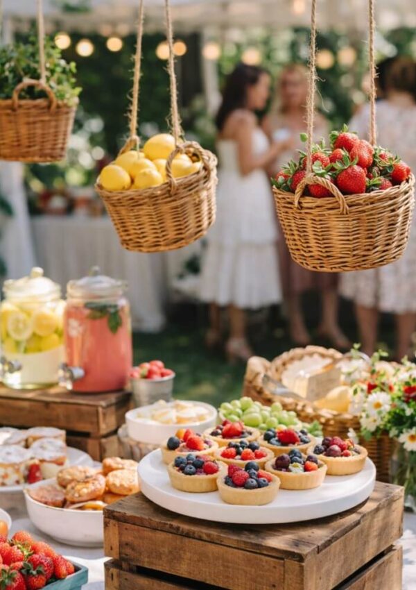 Outdoor garden party table with fruit tarts, pastries, and lemonade. Hanging baskets filled with strawberries and lemons. Blurred guests and flowers in the background. Warm, festive atmosphere.