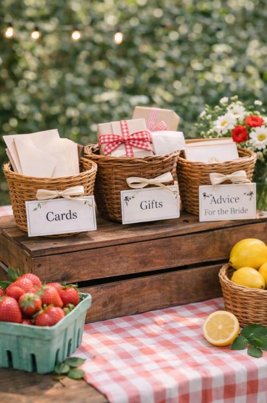 Three wicker baskets labeled “Cards,” “Gifts,” and “Advice for the Bride” sit on wooden crates outdoors, surrounded by strawberries, lemons, and flowers on a red-checkered tablecloth.