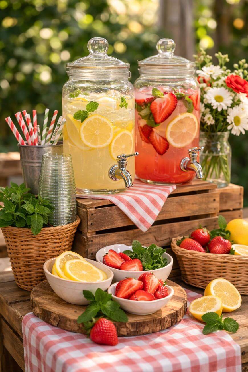 A picnic table displays glass dispensers of lemonade and strawberry lemonade, surrounded by cups, striped straws, fresh strawberries, lemon slices, mint, and a bouquet of flowers on a gingham cloth.