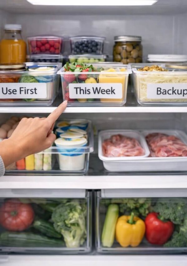 A hand points to a labeled container in a neatly organized fridge. Containers are marked “Use First,” “This Week,” and “Backup.” Fruits, vegetables, meats, and various foods are stored on shelves.