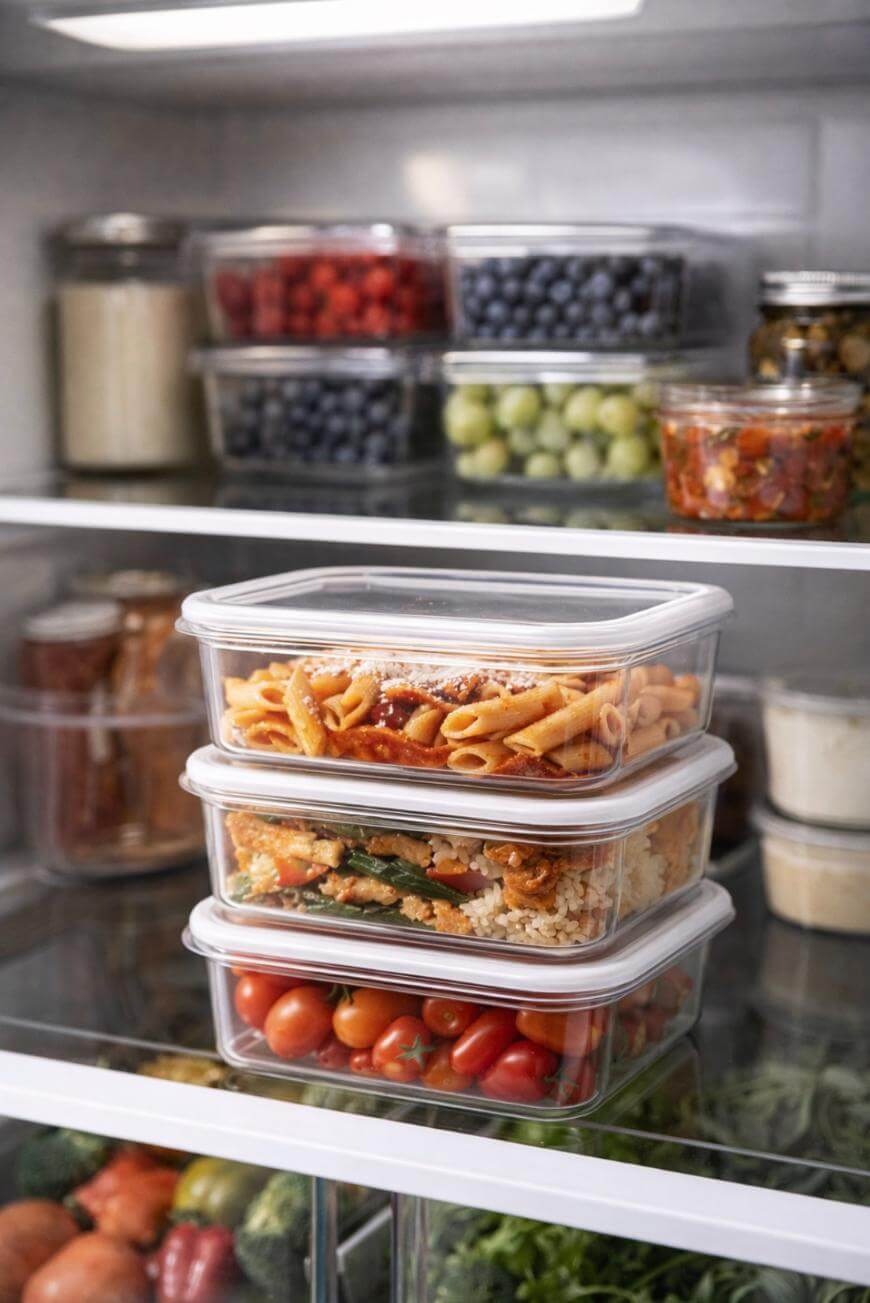 Stacked clear containers with pasta, rice, and salad sit on a refrigerator shelf. Jars and boxes of fruit, yogurt, and other fresh foods are organized on shelves behind them.