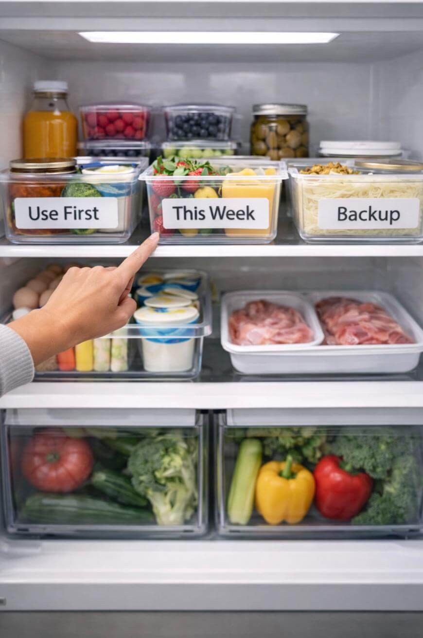 A hand points to a labeled food container in a fridge organized with boxes marked Use First, This Week, and Backup, alongside fresh fruits, vegetables, dairy, and jars.