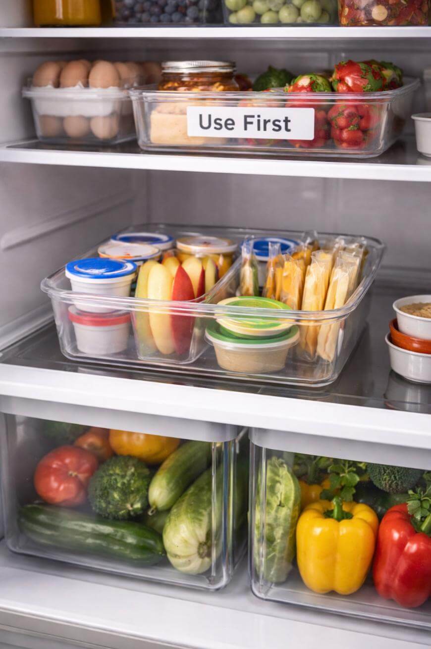 An organized refrigerator with labeled bins containing eggs, strawberries, apple slices, cheese, dips, and various fresh vegetables like tomatoes, cucumbers, bell peppers, and broccoli. A Use First label marks one container.