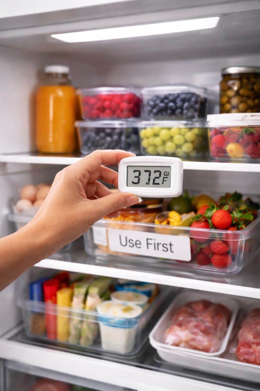 A hand holds a digital thermometer reading 37.2°F in front of organized containers of fruits, vegetables, and jars inside a refrigerator labeled Use First.