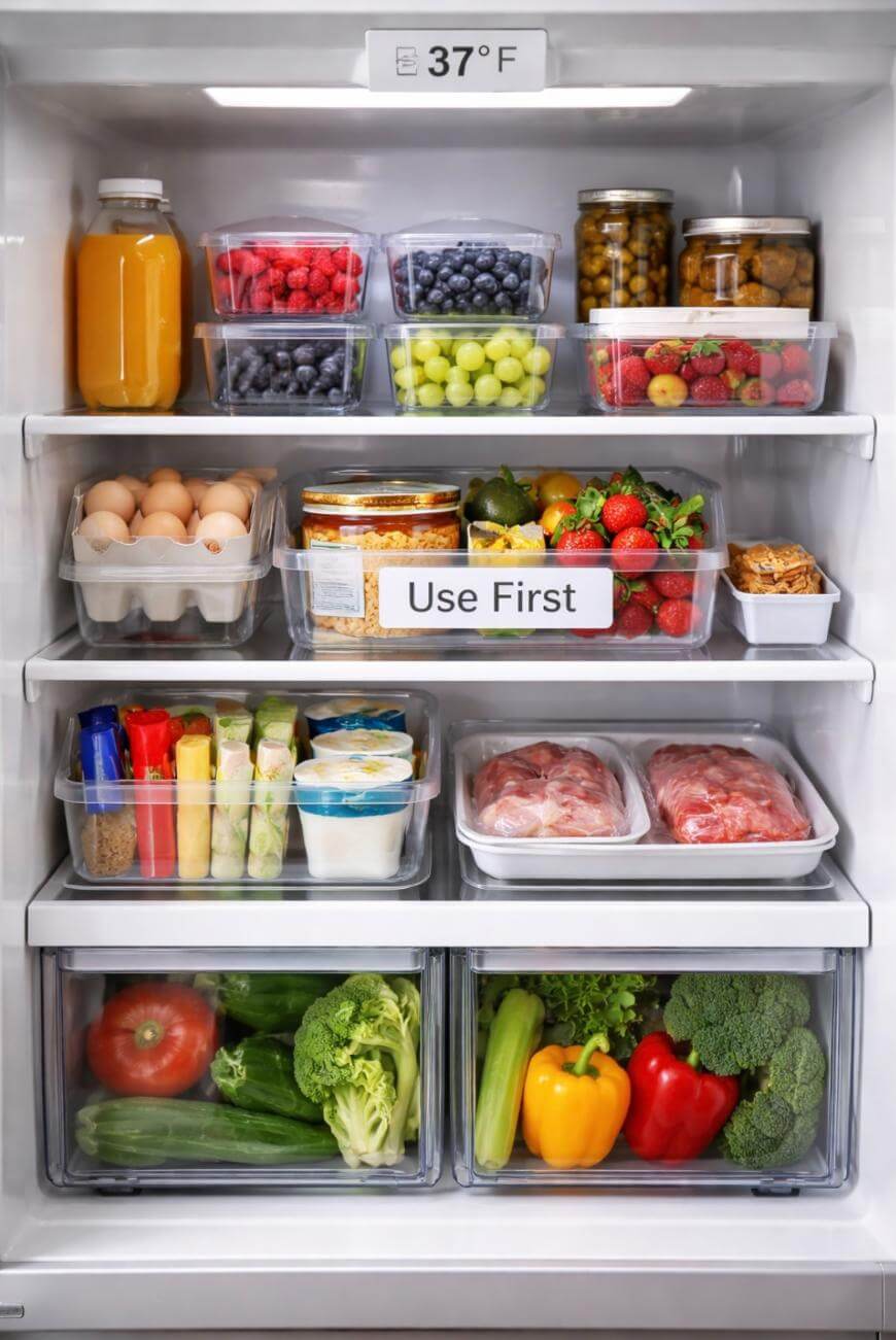 An organized refrigerator with juice, berries, grapes, eggs, jars, vegetables, cheese, yogurt, meats, and a Use First label on one shelf, all neatly arranged in clear containers. Temperature reads 37°F.