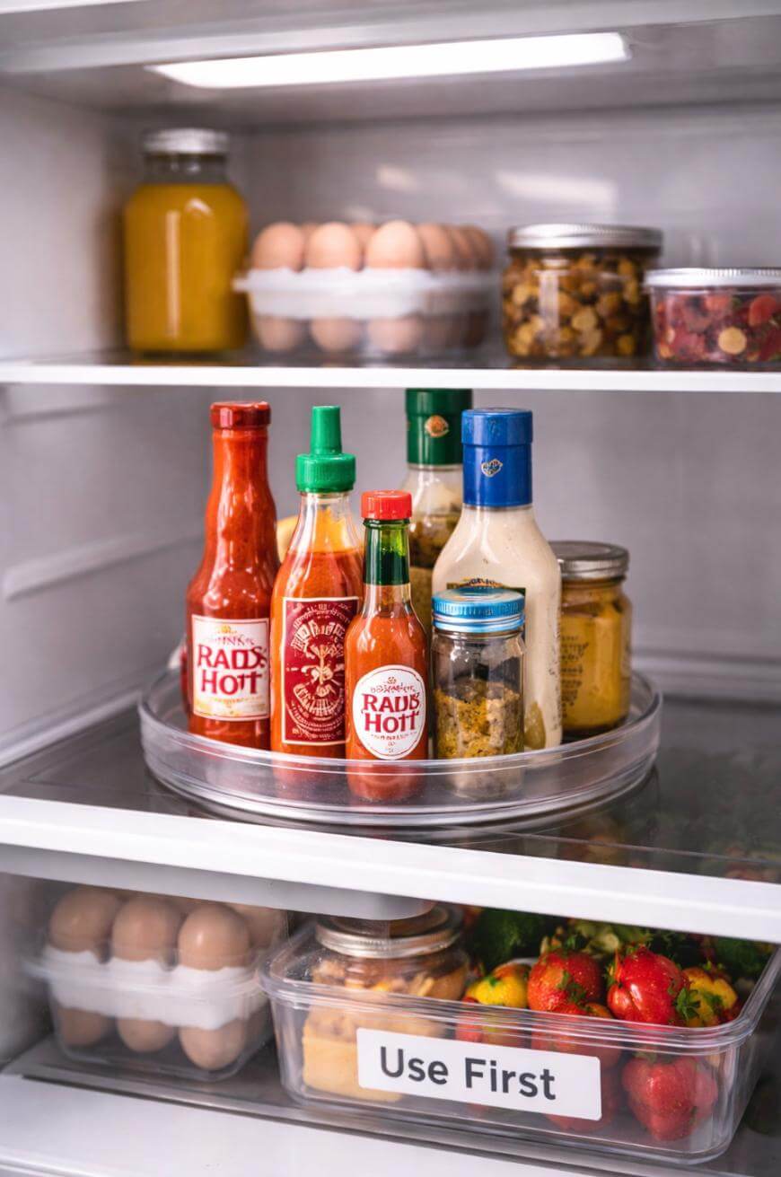 Several bottles of condiments and sauces are arranged on a turntable inside a refrigerator. Eggs, jars, and a container of strawberries labeled Use First are also visible on the shelves.