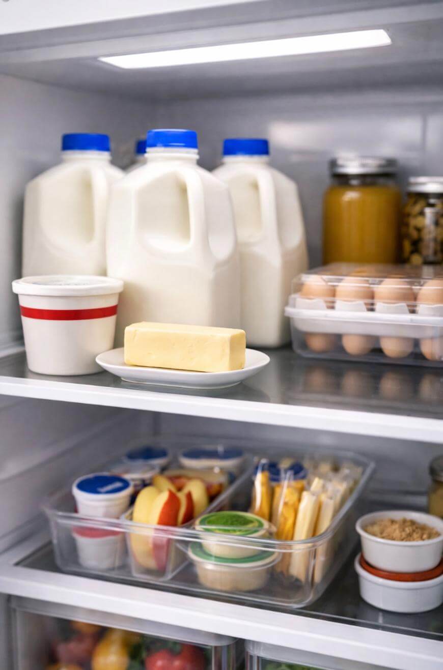 A refrigerator shelf stocked with three gallons of milk, jars, cartons of eggs, a stick of butter on a plate, yogurt, apple slices, cheese sticks, and other assorted food items in clear containers.