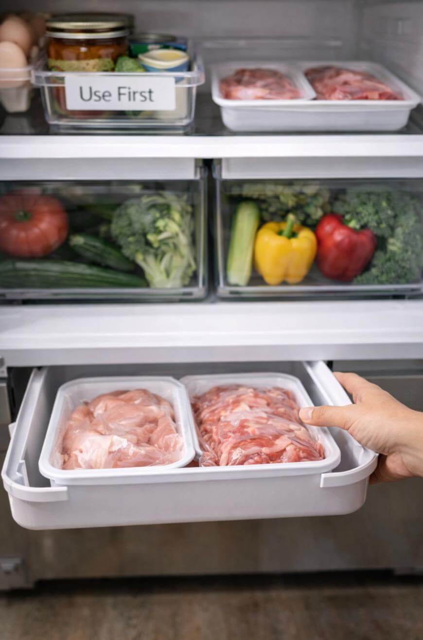 A hand pulls out a refrigerator drawer containing trays of raw meat. Above are shelves with vegetables like broccoli, tomatoes, cucumbers, and bell peppers, and a labeled Use First section for other perishable items.