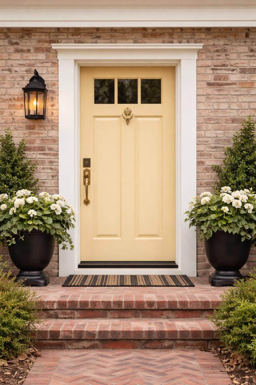 A yellow front door with a brass knocker and handle, set in a red brick house with white trim. Two black planters with white flowers and green shrubs sit on either side of the door. A lit lantern is mounted on the left wall.