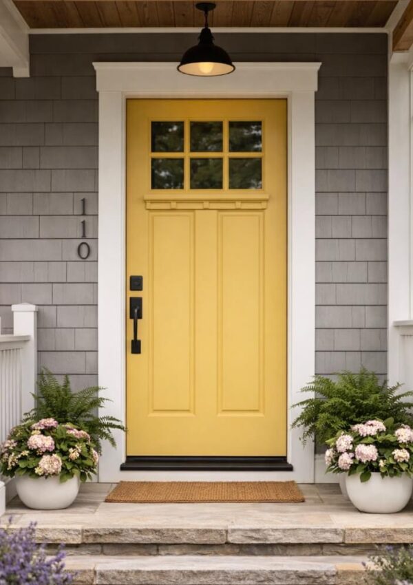 A yellow front door with a window sits in a gray house with white trim. A doormat and two large pots of pink flowers and ferns decorate the stone steps. The house number 110 is on the left of the door.