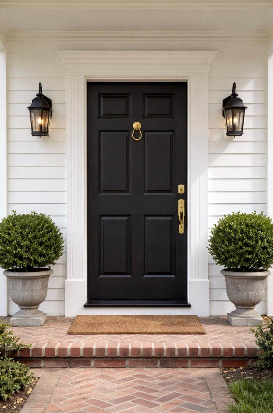 A classic black front door with a brass knocker and handle, flanked by two potted shrubs and black lantern-style wall lights, set in a white paneled exterior with a brick porch and doormat.