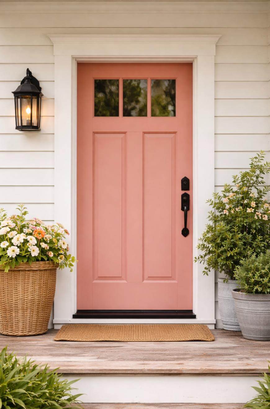 A pink front door with three glass panes at the top, set in white siding. There are potted plants and flowers on both sides of the door, a doormat, and a black wall lantern lit above a basket of flowers.