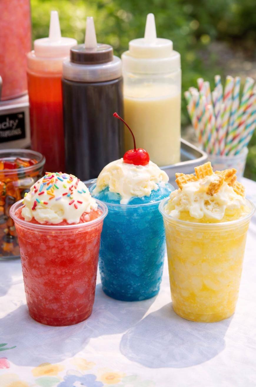 Three colorful shaved ice desserts in clear cups, topped with whipped cream. One is red with sprinkles, one is blue with a cherry, and one is yellow with waffle pieces. Bottles of syrup and candy are in the background.