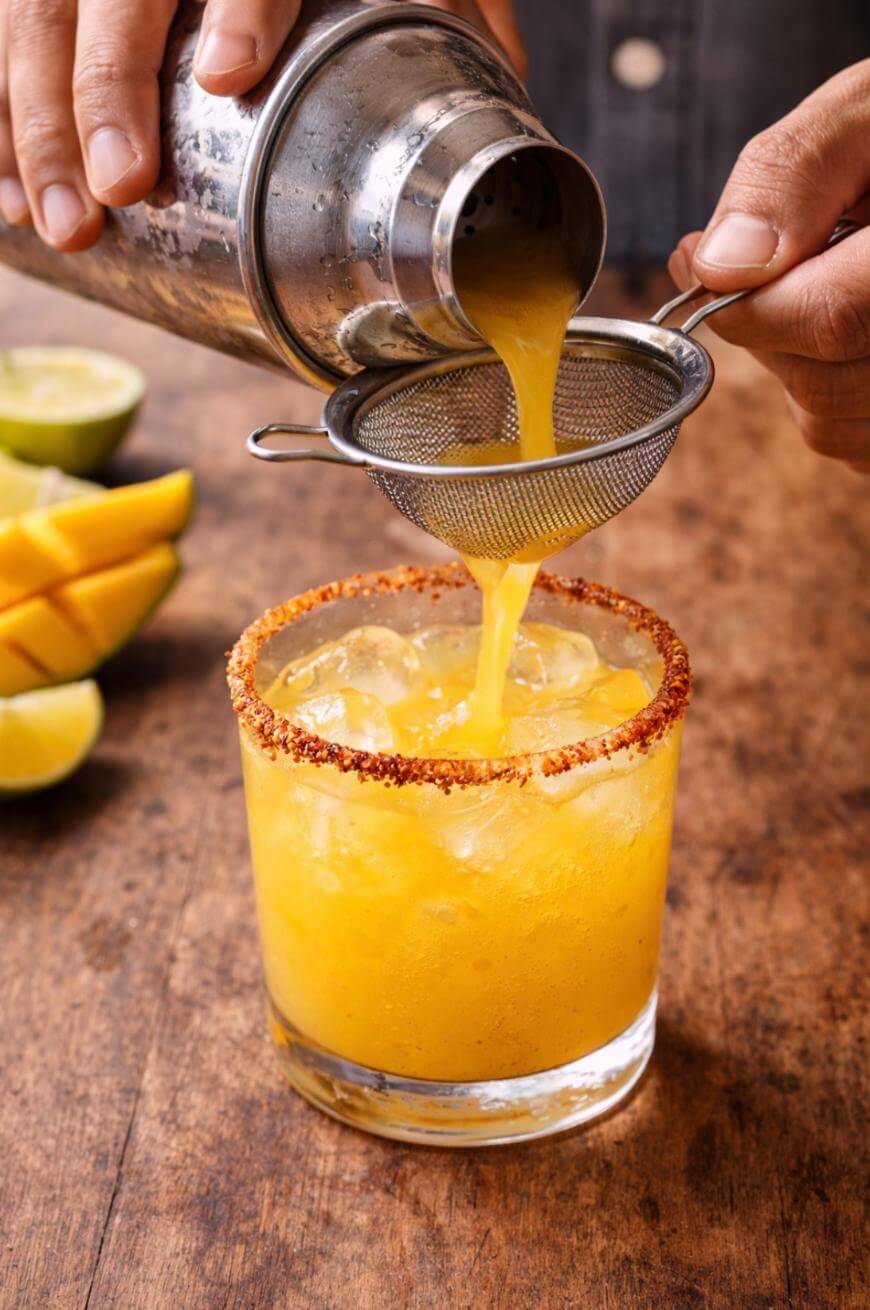 A hand pours a bright yellow cocktail through a strainer into an ice-filled glass with a chili-rimmed edge. Sliced mango and lime pieces are visible in the background on a wooden surface.