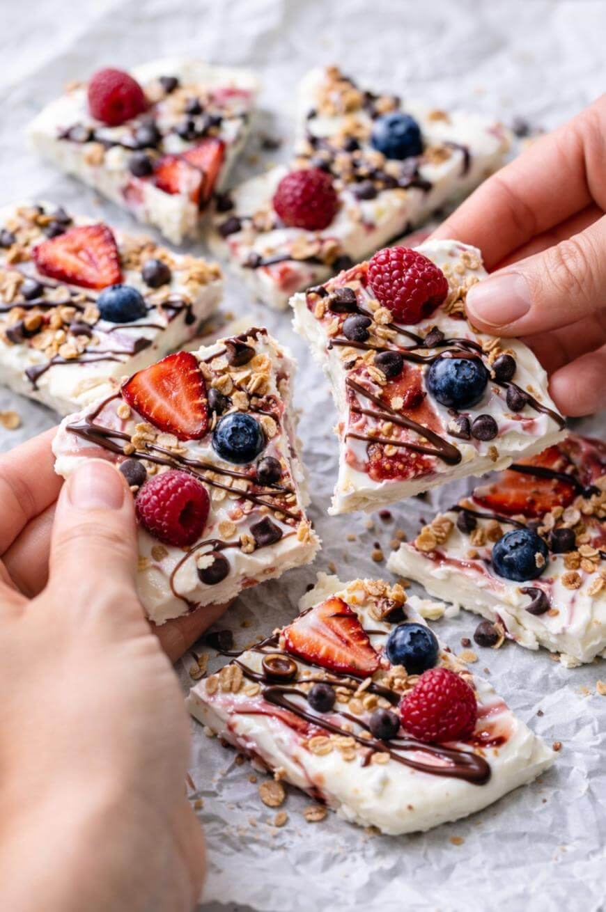 Hands holding pieces of frozen yogurt bark topped with strawberries, blueberries, raspberries, granola, mini chocolate chips, and a drizzle of chocolate, with more bark pieces on parchment paper in the background.