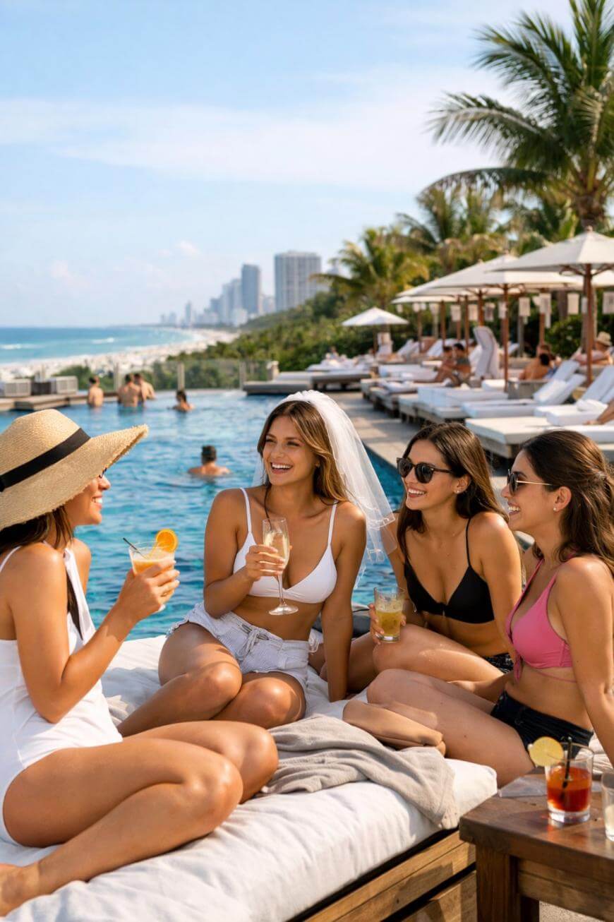 Four women in swimsuits sit by a poolside, laughing and holding drinks. One wears a bridal veil. Palm trees, sun loungers, and a city skyline are visible in the background under a bright sky.